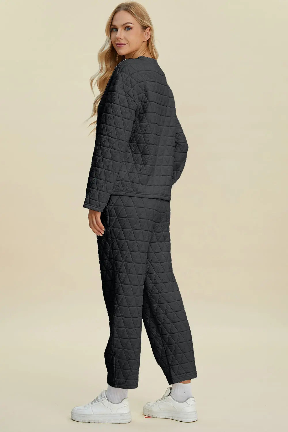 Double Take Full Size Texture Round Neck Long Sleeve Top and Pants Set - Image #11
