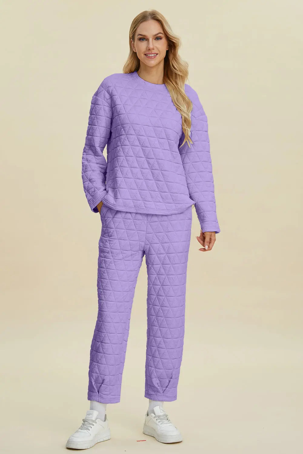 Double Take Full Size Texture Round Neck Long Sleeve Top and Pants Set - Image #13