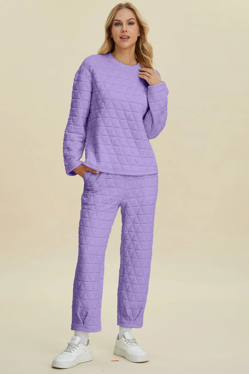 Double Take Full Size Texture Round Neck Long Sleeve Top and Pants Set - Image #12