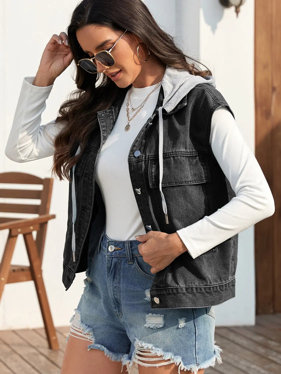 Drawstring Button Up Sleeveless Denim Jacket - Image #8