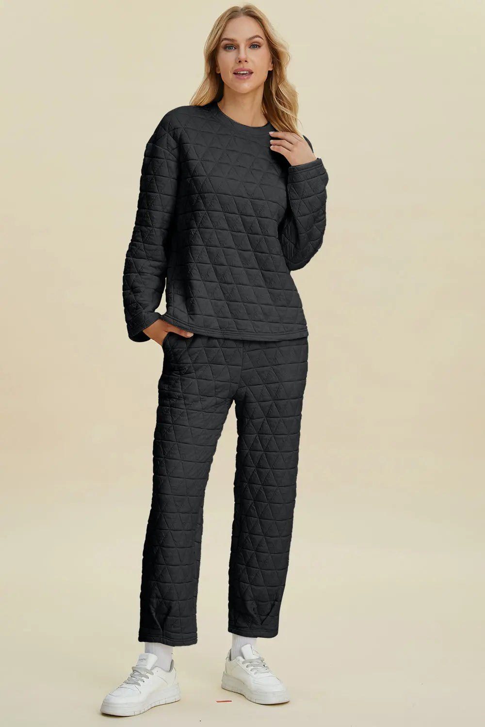 Double Take Full Size Texture Round Neck Long Sleeve Top and Pants Set - Image #10
