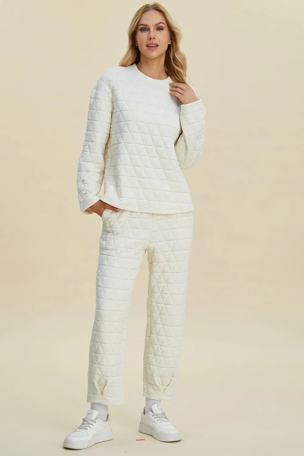 Double Take Full Size Texture Round Neck Long Sleeve Top and Pants Set - Image #8