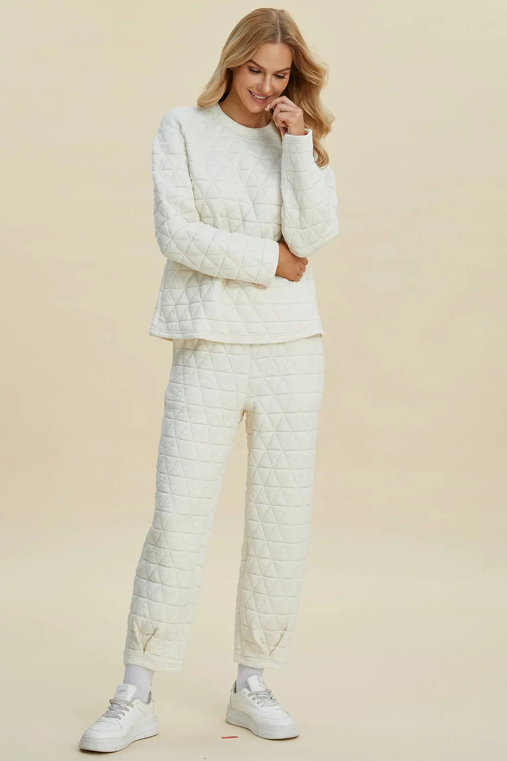 Double Take Full Size Texture Round Neck Long Sleeve Top and Pants Set - Image #4