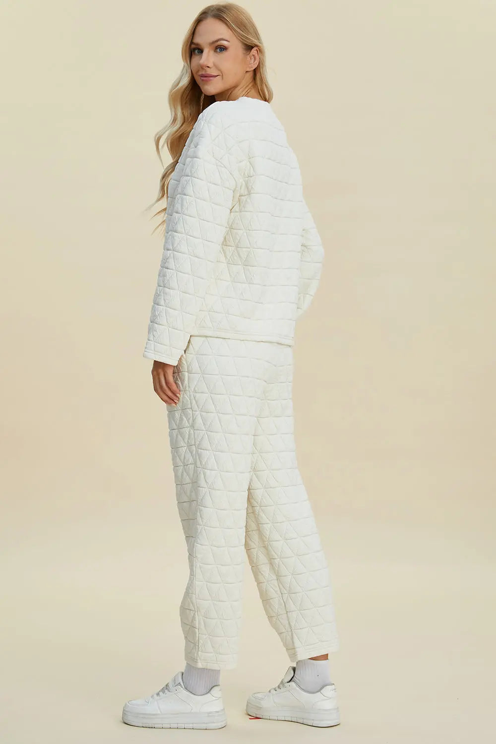 Double Take Full Size Texture Round Neck Long Sleeve Top and Pants Set - Image #2