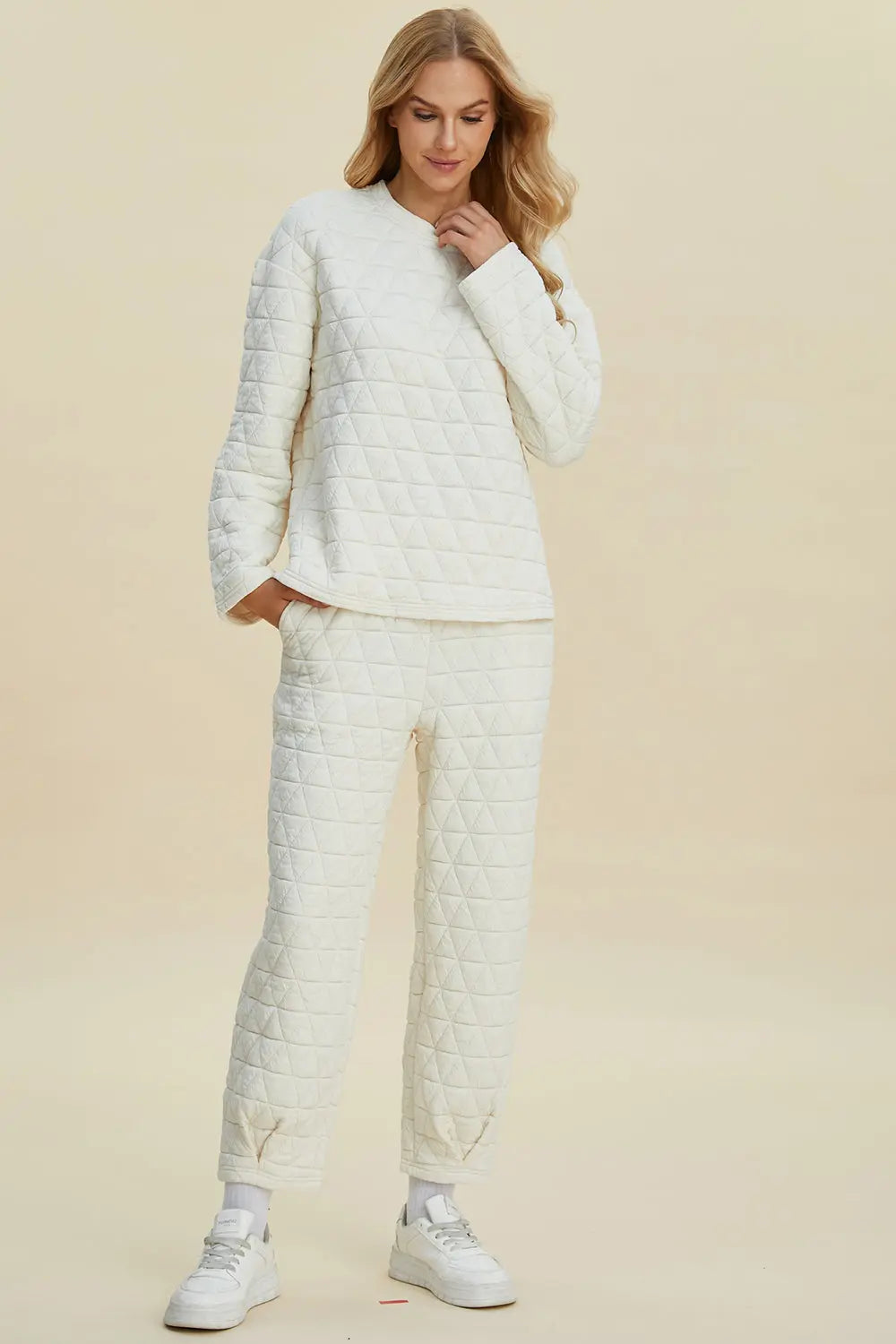 Double Take Full Size Texture Round Neck Long Sleeve Top and Pants Set - Image #5