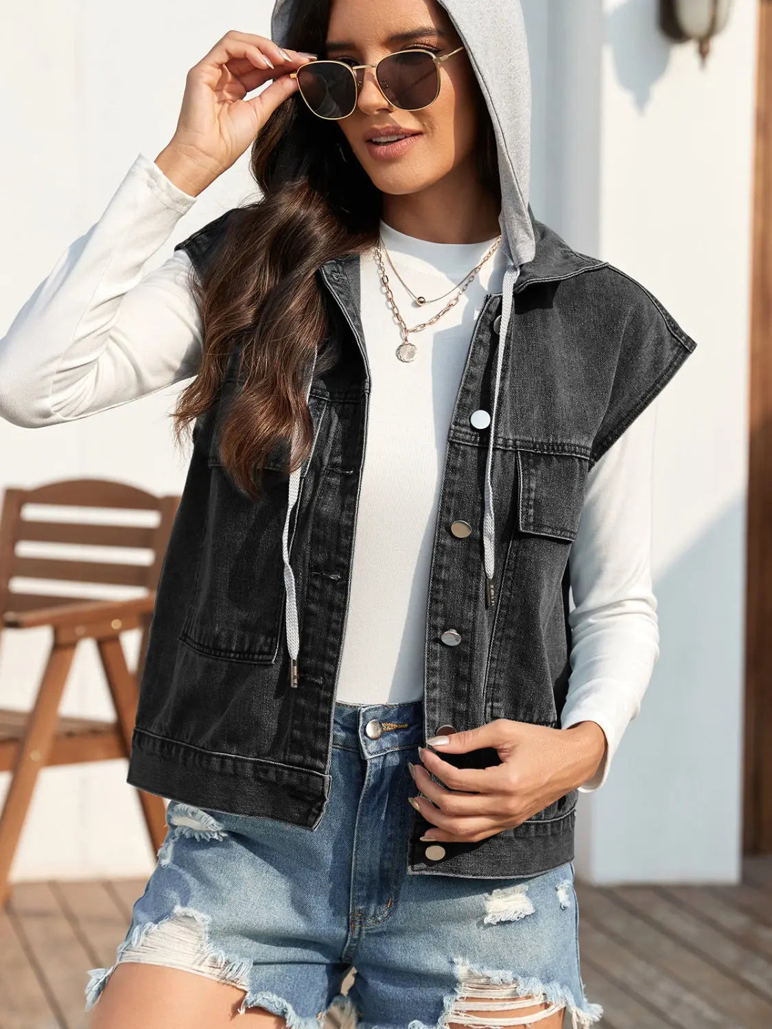 Drawstring Button Up Sleeveless Denim Jacket - Image #9