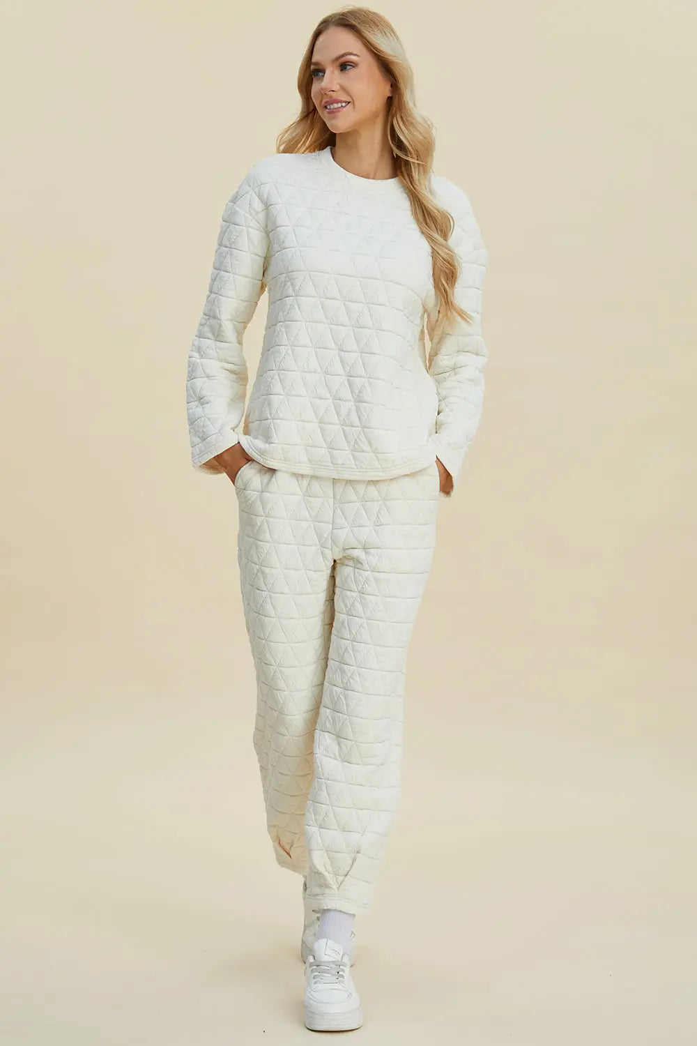 Double Take Full Size Texture Round Neck Long Sleeve Top and Pants Set - Image #3