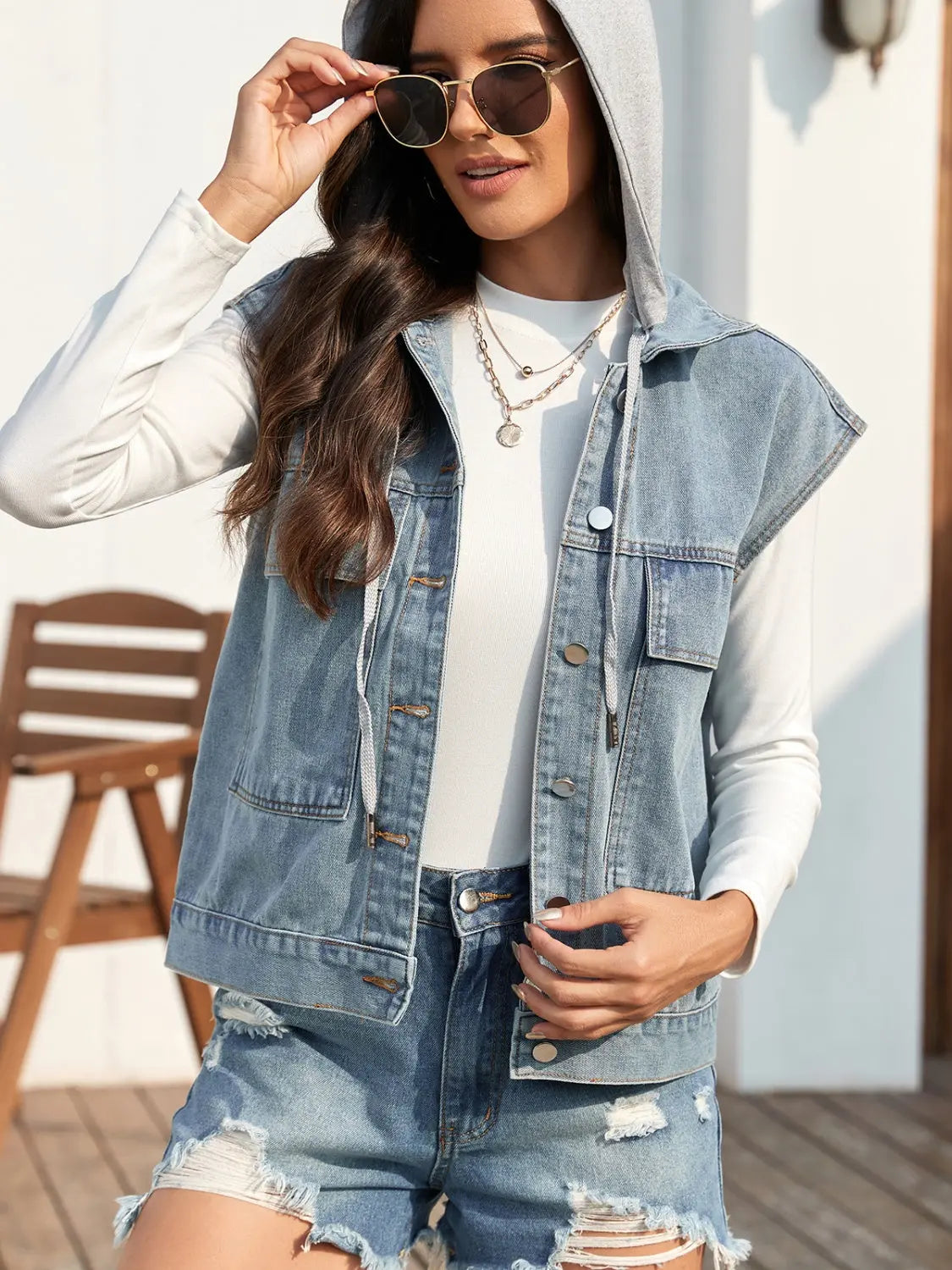 Drawstring Button Up Sleeveless Denim Jacket - Image #4