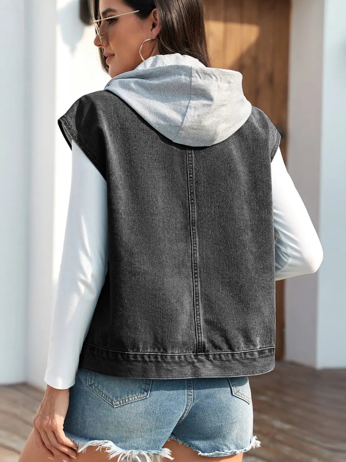 Drawstring Button Up Sleeveless Denim Jacket - Image #7