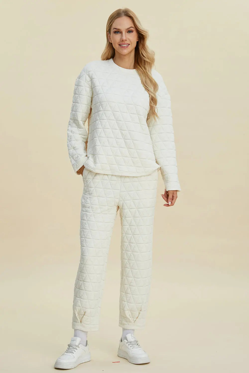 Double Take Full Size Texture Round Neck Long Sleeve Top and Pants Set - Image #1