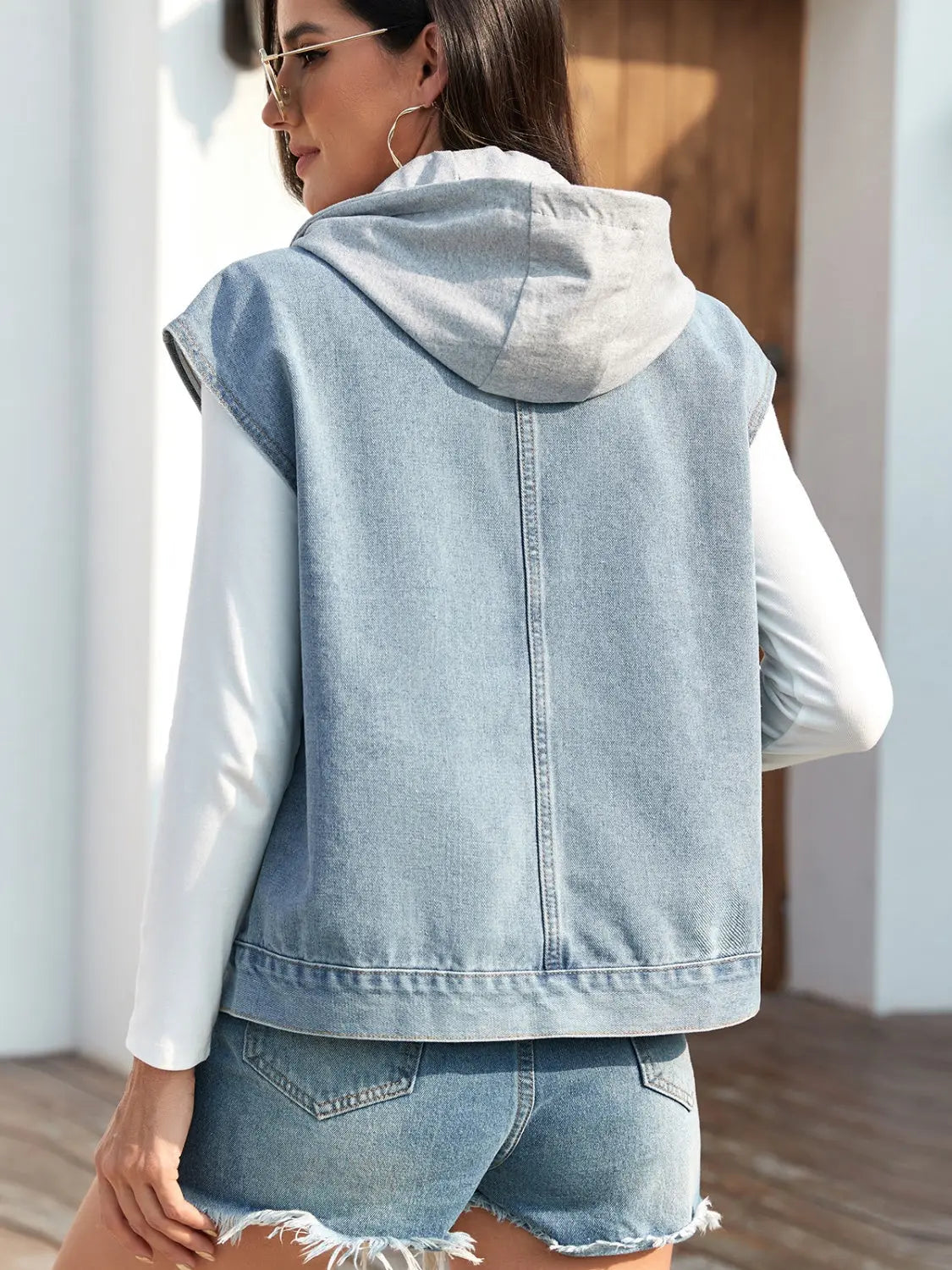 Drawstring Button Up Sleeveless Denim Jacket - Image #2