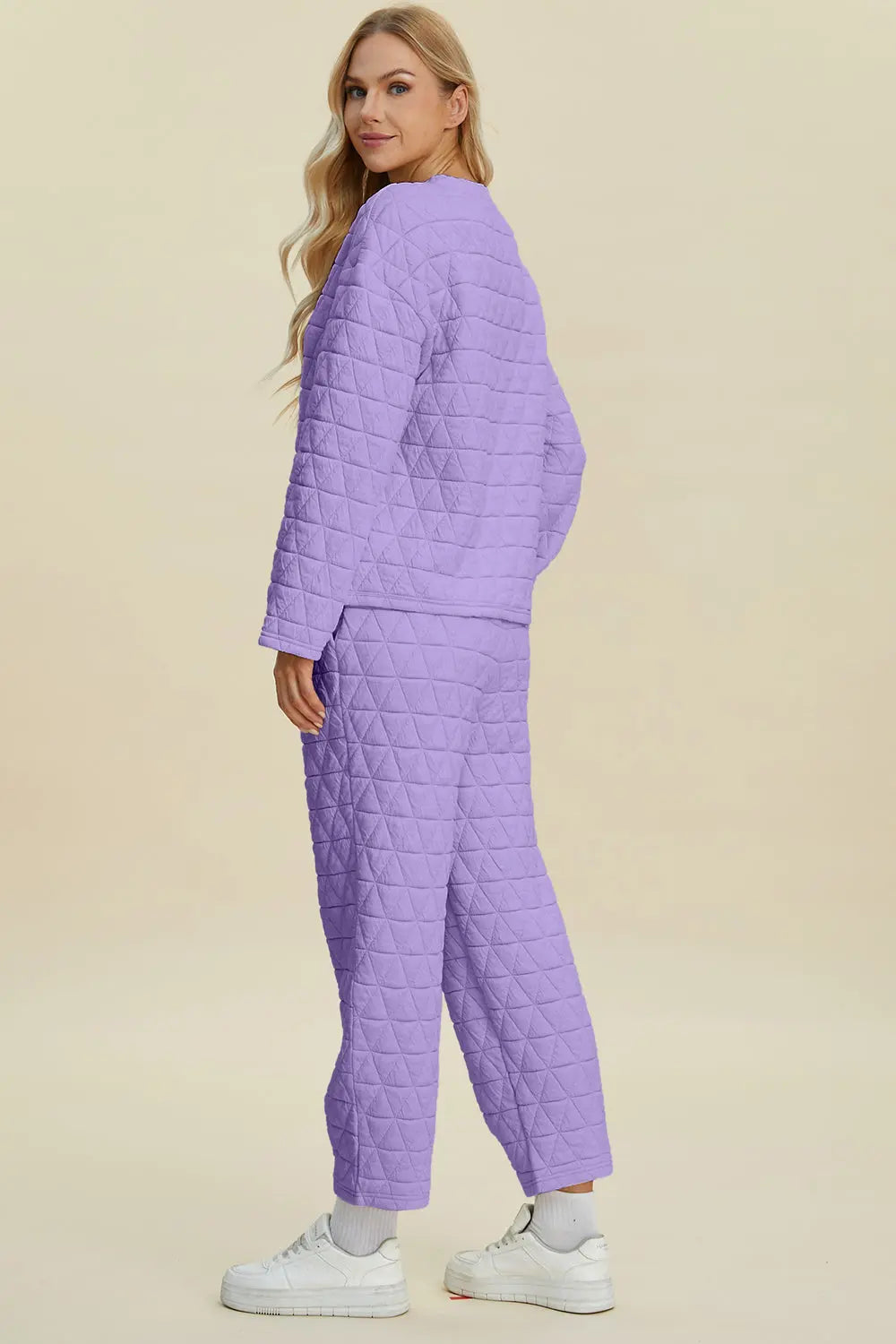 Double Take Full Size Texture Round Neck Long Sleeve Top and Pants Set - Image #14