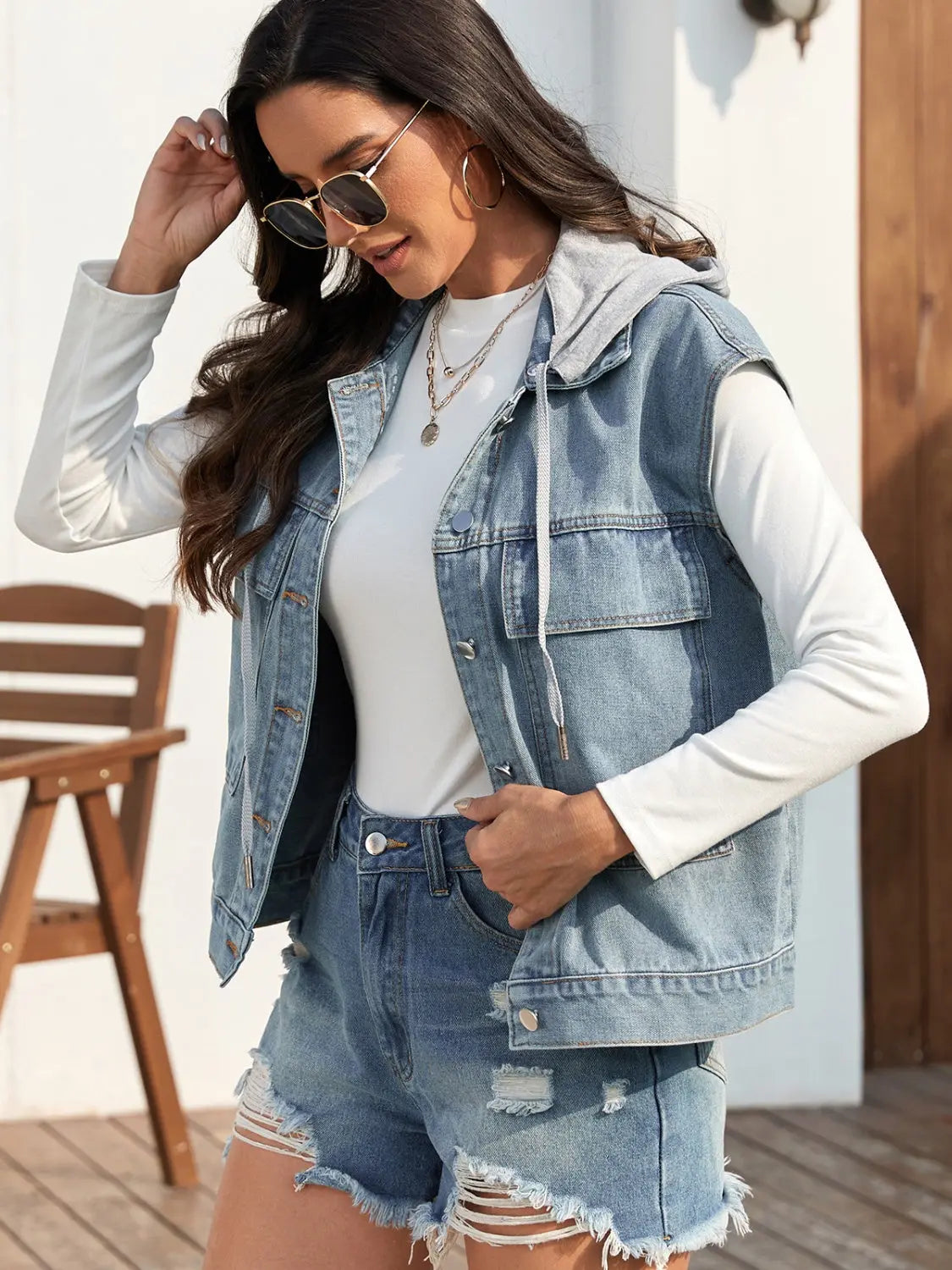 Drawstring Button Up Sleeveless Denim Jacket - Image #3