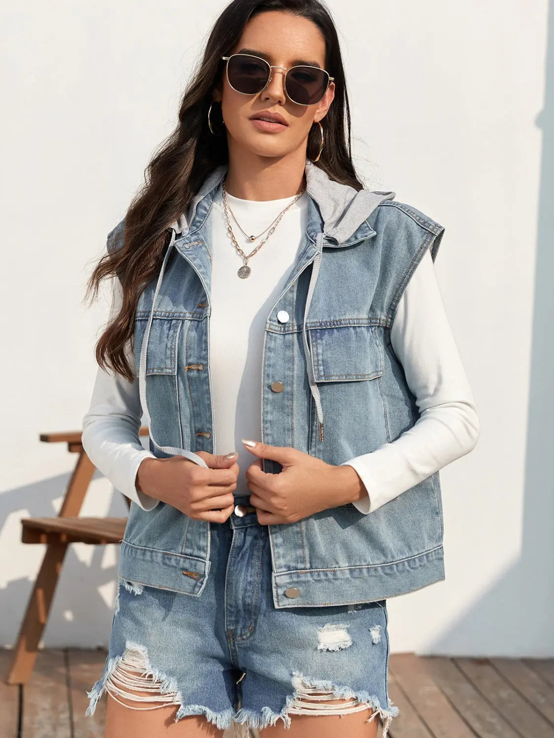 Drawstring Button Up Sleeveless Denim Jacket - Image #1