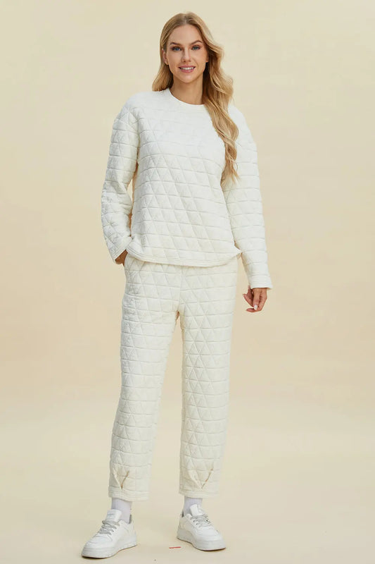 Double Take Full Size Texture Round Neck Long Sleeve Top and Pants Set - Image #1