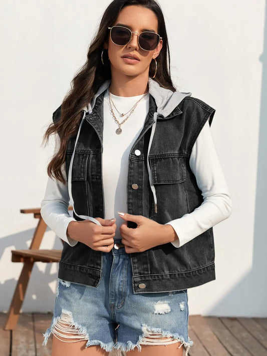 Drawstring Button Up Sleeveless Denim Jacket - Image #6