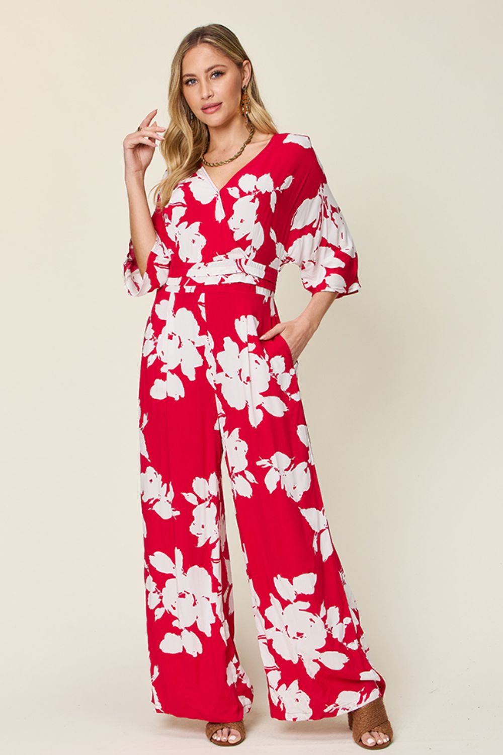 Double Take Full Size Tie Back Wide Leg Jumpsuit