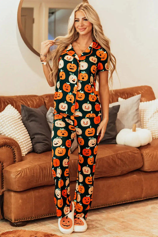 Pumpkin Printed Short Sleeve Top and Pants Lounge Set - Image #1