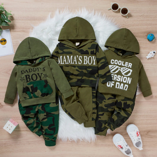 2Pcs Autumn Clothing Set Long Sleeve Letter Hooded Top Camo Pants